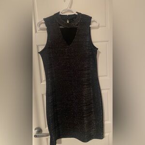 Elegant Black Sparkly Midi Dress with Sheer Peekaboo Insert